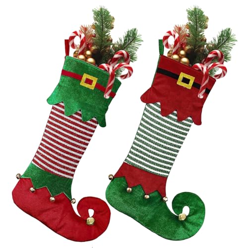 Mineup Medias de Navidad, 2 Piezas 56 x 30 cm Calcetines Navidad Chimenea, Calcetin Navideño de Elfos, Fieltro a Rayas Rojas y Verdes, Bastones de Navidad Personalizados para Decoración Navideña