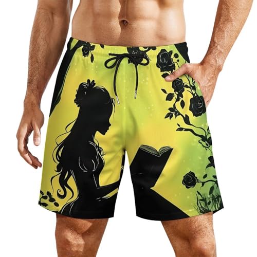 Girl Reading Book Mens Swim Trunks with Quick-Drying Lining Beach Shorts for Outdoor Sports