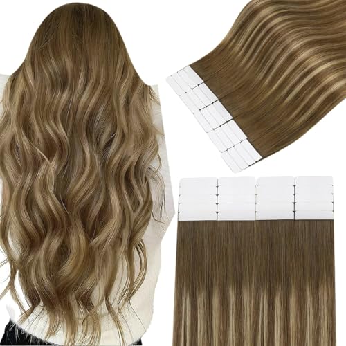 Easyouth Tape in Extensions Human Hair Balayage Remy Human Hair Tape in Extensions Medium Brown Fading to Caramel Blonde Mix Brown Lightweight Hair Extension Tapes in 12 Inch 20pcs 30g