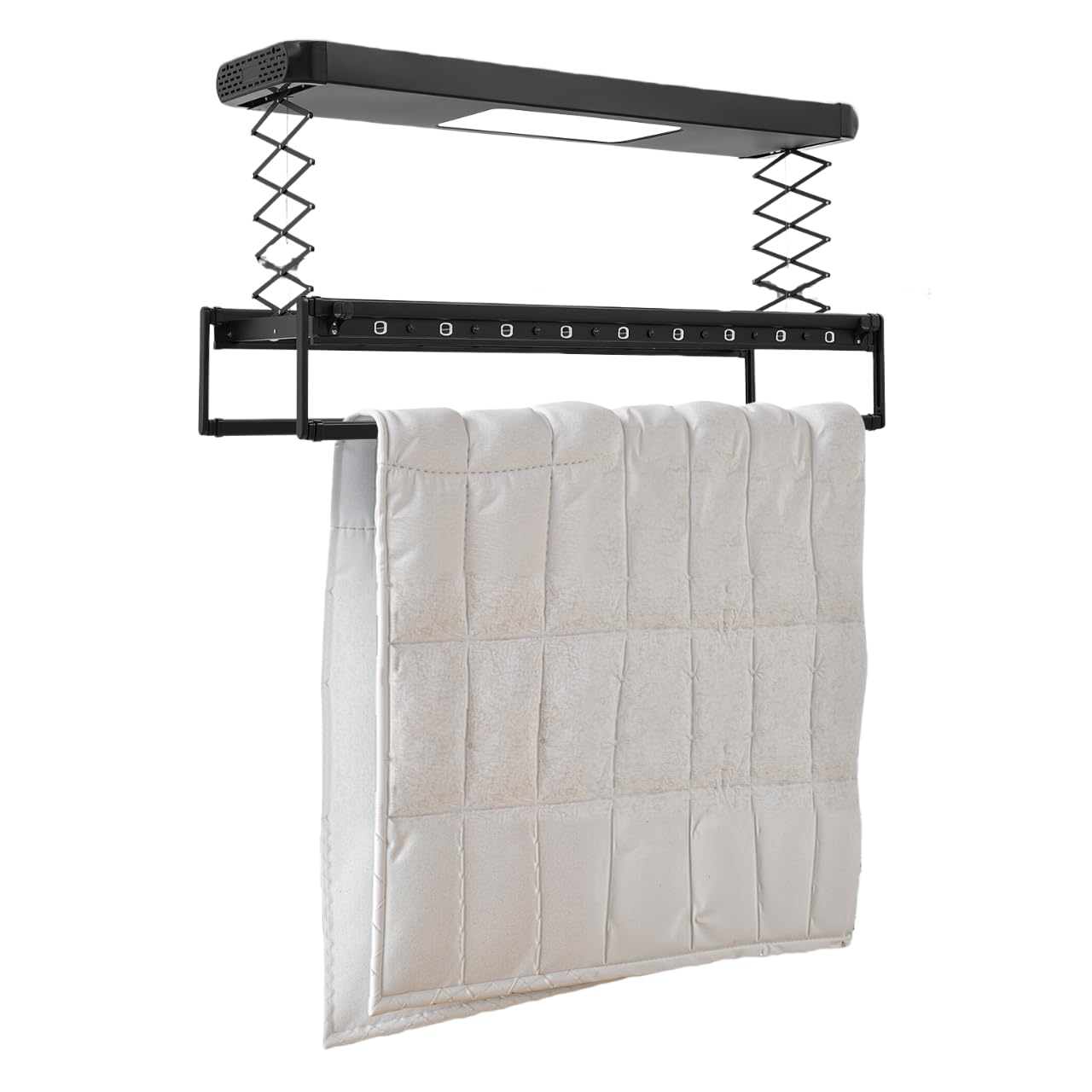 Stendibiancheria elettrica, supporto verticale da soffitto con illuminazione e telecomando, per parete e soffitto, pieghevole, salvaspazio, in alluminio e acciaio nero