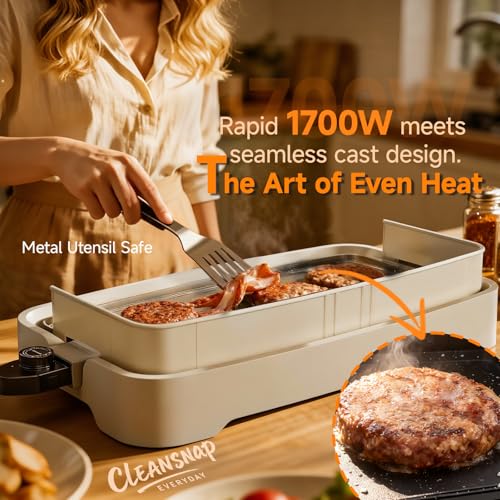 Image of Cleansnap Everyday Electric Griddle, Great Gift for Family Feasts - 20 inch Nonstick Grill with Foldable Anti-Mess Shield, Rapid 1700W Hea & PPG Ceramic Coating, Dishwasher Safe, Vanilla Cream