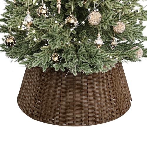 ELYKEN Wicker Christmas Tree Collar for 7.5 ft Trees, 28 Inch Woven Xmas Tree Skirt, Stylish Rustic Farmhouse Basket for Tree Base Cover with Cord Cut-Out for Pencil Tree, Brown by ELYKEN - Used condition - US$23.99