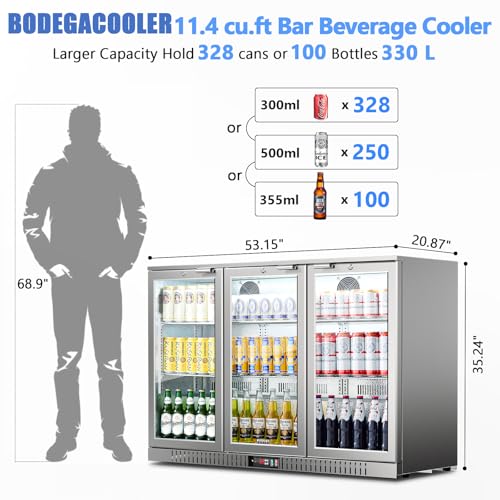 Image of BODEGA BODEGACOOLER Back Bar Cooler, 11.4 Cu.Ft Stainless Steel Commercial Bar Fridge with 3 Glass Doors,Counter Height Bar Beverage Cooler with LED Lighting for Beer,Soda Drinks,Wine