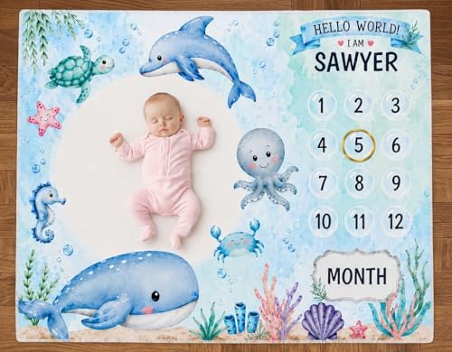 Image of Baby Monthly Milestone Photoshoot Blanket with Milestone Cards, Cotton, 115x95 cm, Animal Theme, 1-12 Months (Ocean)