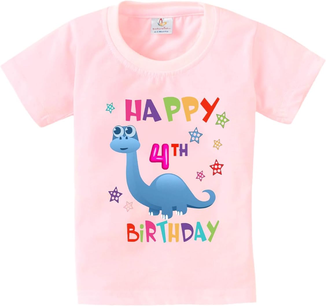 baby wish Birthday Milestone Dress for Boy’s and Girl’s Birthday Tshirt for Kids Happy Birthday T-Shirts Half Sleeve Celebration Birthday boy Girl T-Shirt Happy 4th Birthday Dino-Stars