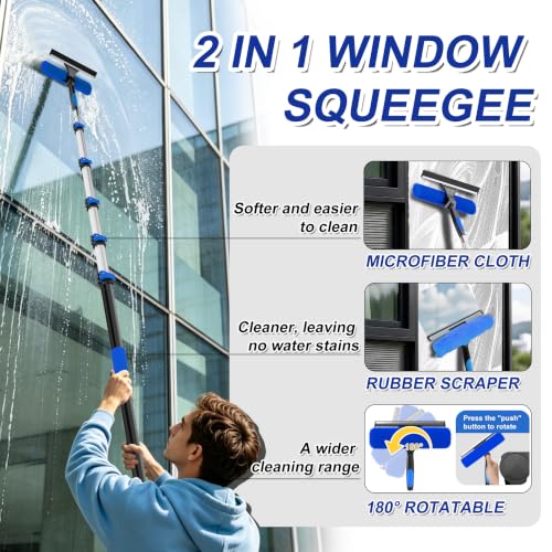 Image of Buyplus 30FT Reach Solar Panel Cleaning Brush Kit with 5-24FT Telescoping Pole, Water Fed Window Cleaner Tool with 20 inch Brush, Soap Dispenser, Cobweb Duster, Squeegee for Roof, RV, Gutter, Deck,Blue