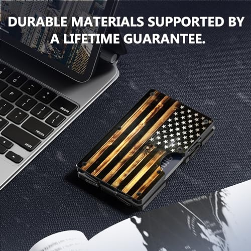 Minimalist Aluminum Wallet for Men, Slim RFID Blocking Money Clip, Wood Grain American Flag, Front Pocket Metal Card Holder for Business Travel, Personalized USA Gifts for Soldiers Veteran, Matte Gray3