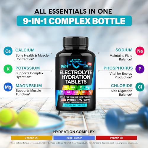 Image of Electrolytes - Electrolyte Tablets with Magnesium, Sodium, Potassium, Chloride, Vitamins D3 & B6, Kelp Powder - Salt Pills - Lab Tested - Oral Tablets as Capsules - Vegan & Keto Friendly - 240 Tabs