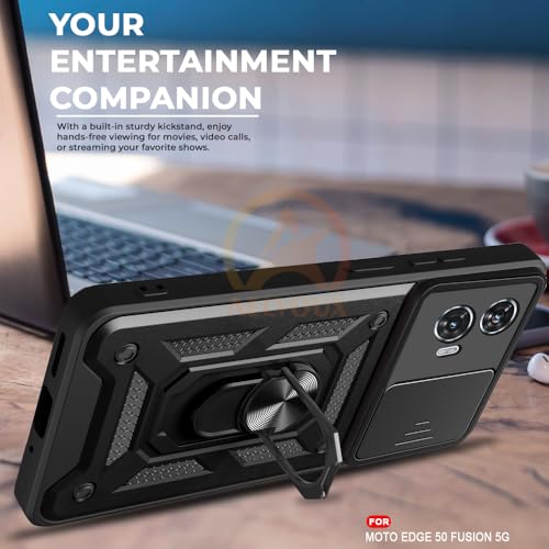 Image of Armor Bumper Back Cover Case for Moto Edge 50 Fusion 5G Rotating Camera Cover, Ring Holder & Kickstand | Heavy Duty & 360 Degree Protection Moto Edge 50 Fusion 5G Back Cover (Black)