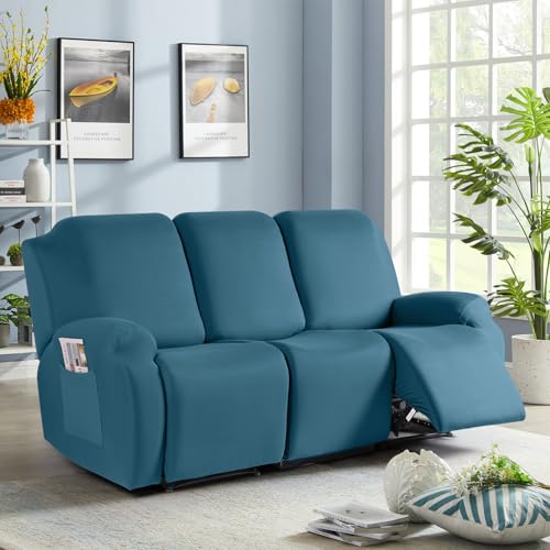 Image of TAOCOCO Stretch Recliner Sofa Covers 3 Pieces Couch Covers for 3 Seat Reclining Sofa, Soft Polyester Fabric Washable Furniture Protector Sofa Slipcovers with Pockets (3 Seat, Turquoise Blue)