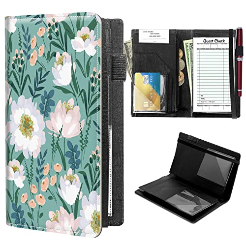High Volume Server Books, Flowers Blue Server Book w/ 2 Expandable Pockets 9 x 5 Cute Waitress Book Zipper Pocket & Strap Closure Waitstaff Organizer Server Booklet Waiter Money Wallet