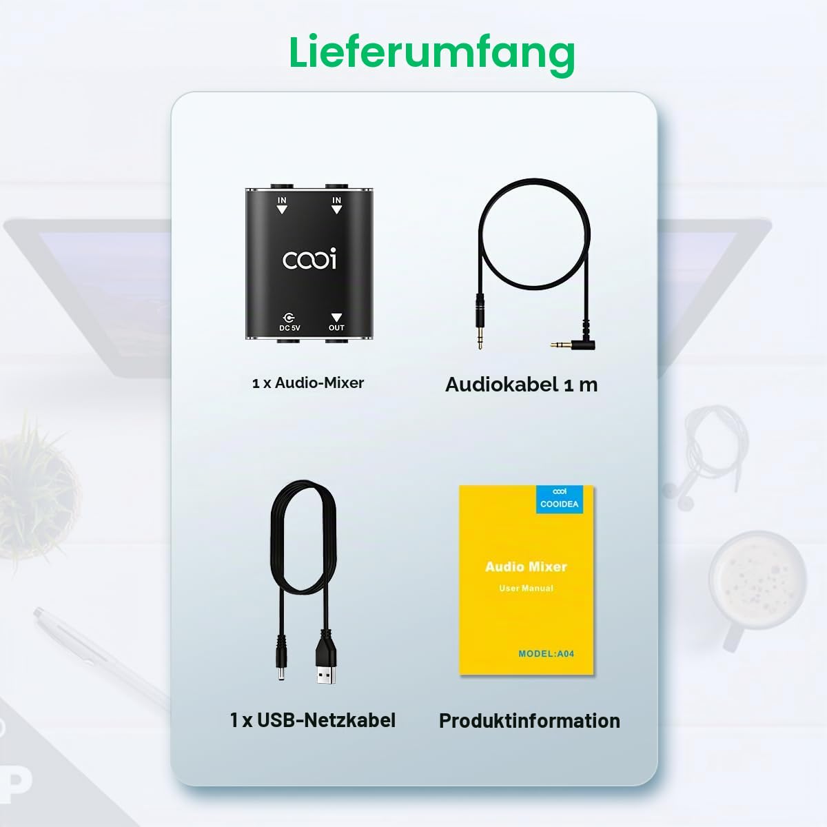 Cooidea 2-Kanal Stereo Audio Mixer - Metallgehäuse, AUX-Schnittstelle unterstützt 2 Eingänge und 1 Ausgang, Mini Mischpult inklusive 1 Meter Audio-Kabel - Für PC, Telefon, Laptop, Kopfhörer