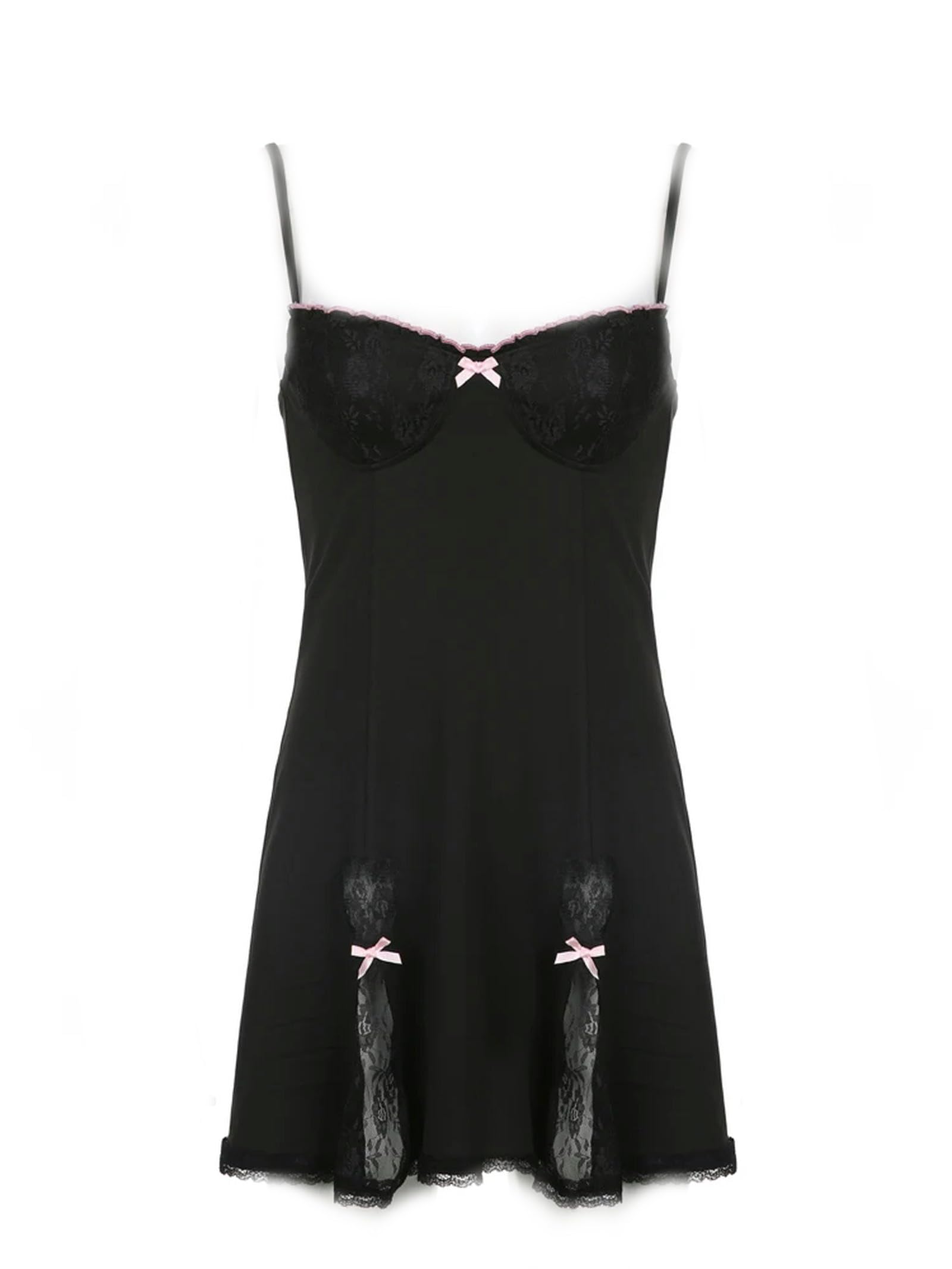 Robe noire mini mode club chic avec patchwork dentelle rétro sangle