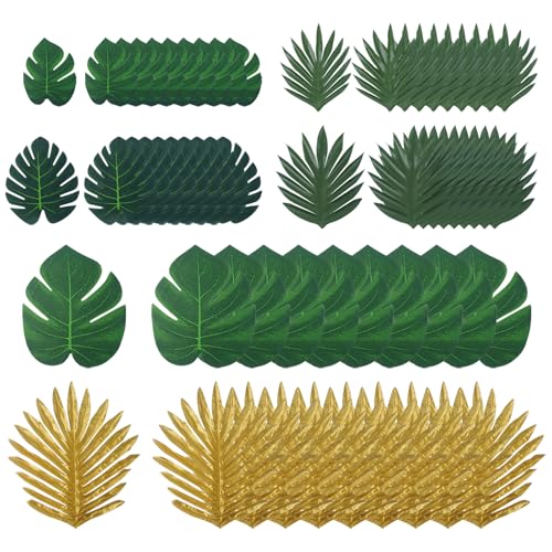 BuxiuGK 60 Pièces Feuille de Palmier Artificielle,Monstère Plante Jungle Thème Table Feuille Decoration Anniversaire Tropical pour Luau Hawaïen,Vert,Or