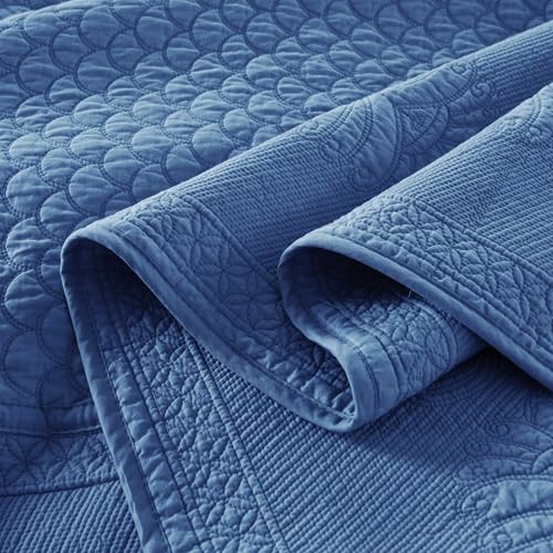 MarCielo 3-Piece 100% Cotton Oversized Bedspread Lightweight Quilt Coverlet Embroidery Farmhouse Bedding Set (TM Midtone Blue, Oversized Queen (100"x106"))