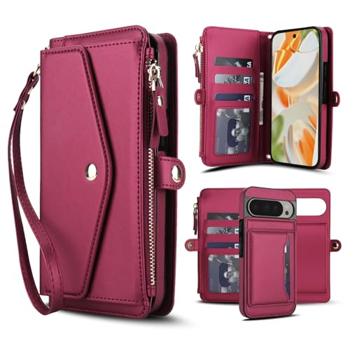 Coque portefeuille Google Pixel 9 et 9 Pro Asuwish en cuir PU rouge avec cordon et vitre