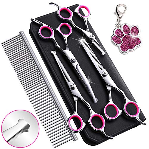 6CR Stainless Steel Dog Grooming Scissors Kit with Safety Round Tip, Heavy Duty Titanium Pet Grooming Trimmer Kit - Thinning, Straight, Curved Shears and Comb for Long Short Hair for Cat Pet