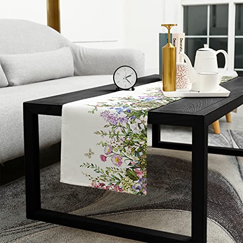 Cotton Linen Table Runners 18 X 72Inch, Vintage Floral Border Herbs And Wild Flowers Flying Butterfly Non-Slip Table Top Decor Bed Runners For Kitchen/Farmhouse/Hotel All Season Use, 72Inches Long #TOP4