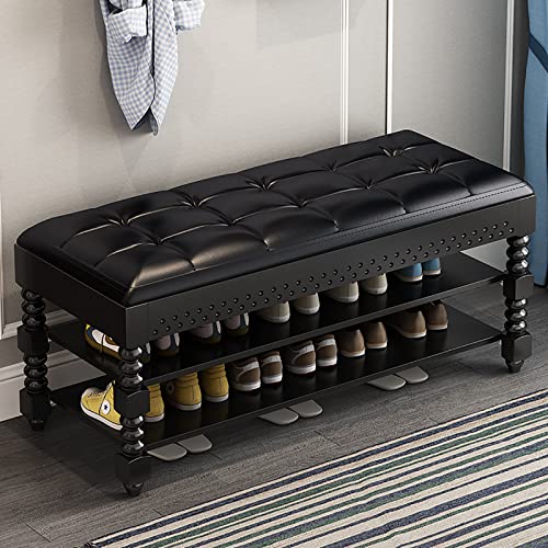Zapatero de madera de 3 niveles que ahorra espacio con parte superior elevable, elegante banco de almacenamiento de entrada con cojín de cuero, perfecto para sala de estar, dormitorio y pasillo