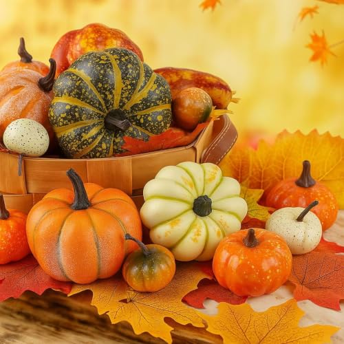 HAKACC 14 PCS Artificial Mixed Pumpkins for Decorating, Fake Pumpkins with 30PCS Fake Maple Leaves Thanksgiving Fall Harvest Decorations for Home, Fall Table Decor