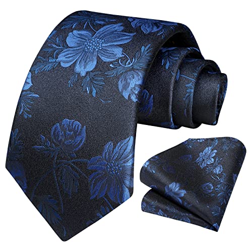 Image of HISDERN Men Floral Ties Woven Classic 3.4 inch Necktie Set Formal Tie Pocket Square for Wedding with Handkerchief Gift Box