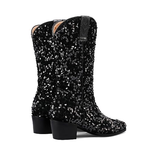 FAIRSOMA Womens Rhinestone Sequin Western Cowgirl Ankle Boots,Slip-On Glitter Cowboy Boots Sparkly Chunky Heel Mid Calf Boots Pointed Toe Ladies Party Dress Shoes3