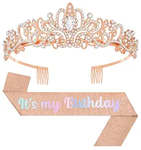 Birthday Tiara and Crown with Sash, Birthday Tiara for Women Party (Rose)