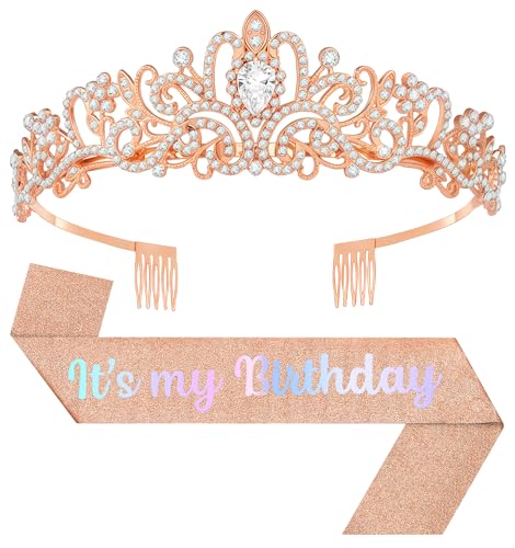 Birthday Tiara and Crown with Sash, Birthday Tiara for Women Party (Rose)