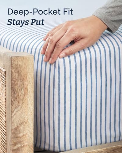 Image of Twin 4 Piece Bed Sheet Set - Breathable & Cooling Sheets - Blue Stripes | Ultra Soft Hotel Luxury Bedding Set with 8-16 Inch Deep Pockets, 1 Flat & 1 Fitted Sheet & 2 Pillowcases, Wrinkle & Fade Free