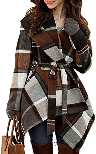 Chicwish Women's Turn Down Shawl Collar Open Front Long Sleeve Check Asymmetric Hemline Wool Blend Coat, Brown, Medium