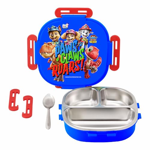 Image of SKI Baker Steel Lunch Box for Kids, 3 Compartment Insulated School Tiffin with Spoon, Leak-Proof, BPA Free, Bento Box for Boys & Girls, Birthday Gifts, Party Favours - Paw Patrol