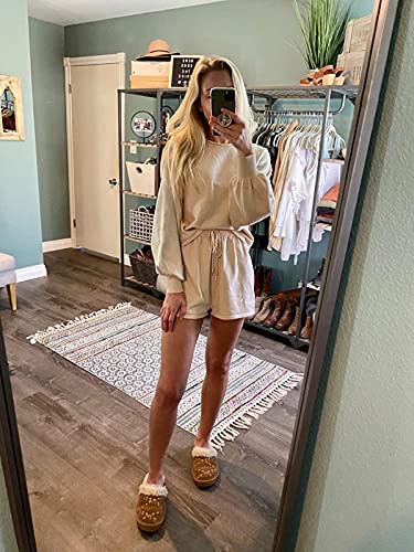 ZESICA Women's Casual Long Sleeve Solid Color Knit Pullover Sweatsuit 2 Piece Short Sweater Outfits Sets,Apricot,Small