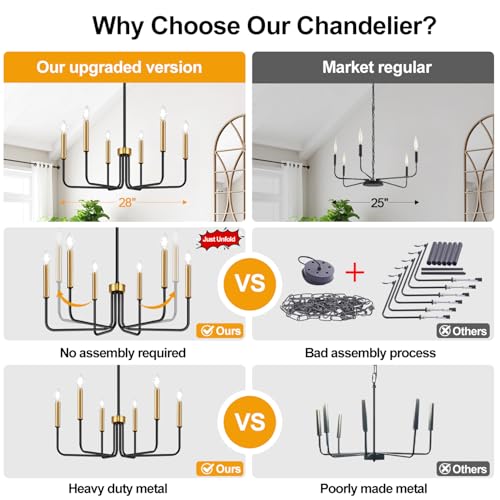 Black and Gold Chandelier, 6-Light Farmhouse Chandelier for Dining Room Lighting Fixtures Hanging, Dining Light Fixtures Industrial Modern Light Fixture for Bedroom, Foyer, Living Room and Entryway