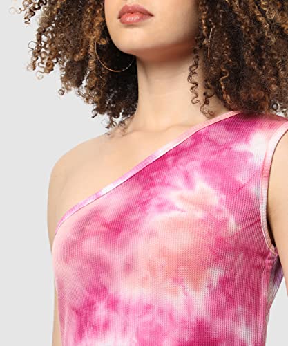 Image of Campus Sutra Women's Pink Tie-Dye Slim Fit Mini Dress for Winter Wear | One Shoulder Sleeve | Slanted Neck | Casual Western Stylish Dress for Women & Girls