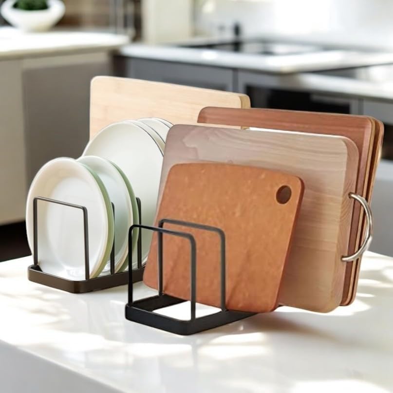 Image of Small Plate Stand Rack - Pack of 2 Black Iron Dish Rack Organizers for Countertop, Space-Saving 5-Slot Kitchen Plate Holder, 8.25 inch L x 5 inch W x 4.5 inch H