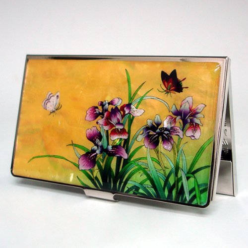 RFID Blocking Mother of Pearl Business Card Holder – Slim Stainless Steel Name Card Wallet for Men and Women with Gift Box (Orchid Yellow)4