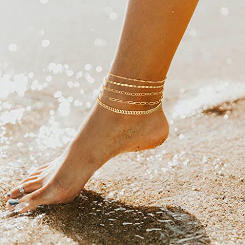 Picuzzy Gold Anklet For Women, 14K Gold Plated Ankle Bracelets For Women Waterproof Cuban Figaro Link Mirror Chain Anklet Dainty Thin Layered Jewelry Anklet For Women Girl Gifts #TOP1