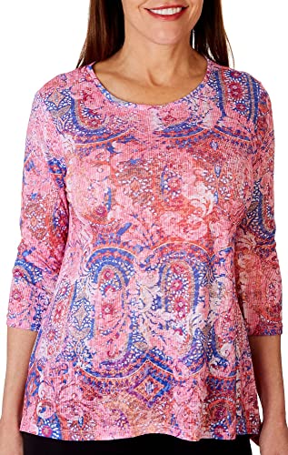 Ruby Road Petite Broken Mosaic Pattern 3/4 Sleeve Top Medium Petite Pink Multi #TOP10