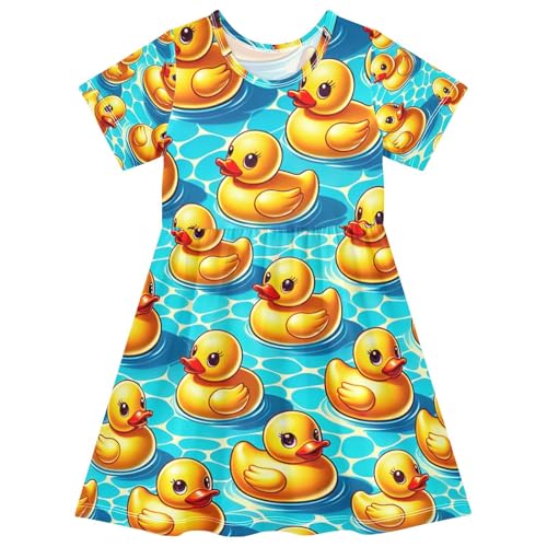 Toddler Girls Short Sleeve Dress Rubber Ducks Swimming Pool Print Summer Casual Sundress for Kids 2T-8T