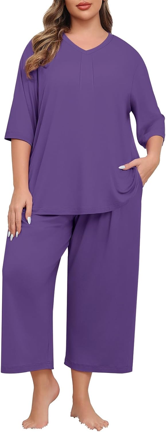 Lastshe Women's Plus Size Pajama Set 2 Piece V Neck Capri Pants Loungewear with Pockets Knit Soft Pjs Sleepwear - Image 4