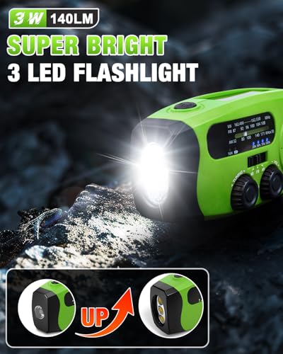Image of Hand Crank Radio with AM /FM /NOAA Weather Bands,for Emergencies, Camping | 3 LED Flashlights,SOS Function,Solar Powered,Hand Cranked, 2000mAh /7400mWh Charger,for Power Outage - Green