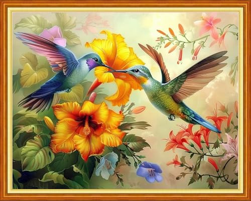 Image of Artvxeay Stamped Cross Stitch Kits - Embroidery Kits for Beginners Cross Stitch Kits for Adults 11 CT Printed Patterns Needlepoint Kits- Hummingbirds Collect Honey 16x20 inch