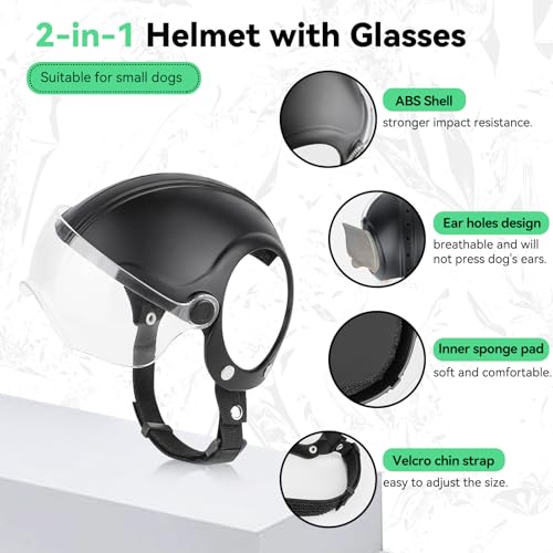 Enjoying Hundehelm für Kleine Hunde, Hundehelm mit Klaren Brillen, Hundehelme Hut mit Ohrlöchern, Motorrad Fahrrad Hundehelm für kleine bis mittlere Hunde, Verstellbar, Schwarz