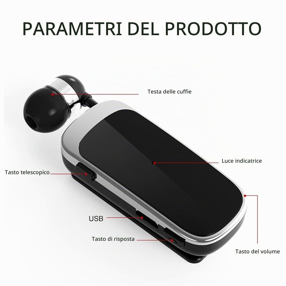 Leepesx Cuffie BT, Auricolari BT Senza Filo con Microfono-Fili Retrattile Cuffie-Auricolari con Cancellazione del Rumore,Design con Clip per Colletto-5 Ore di Conversazione Continua
