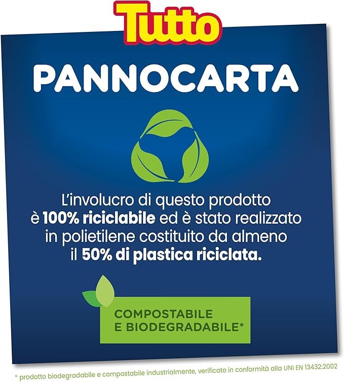Tutto Pannocarta 3 in 1, 24 Rotoli di Carta Multiuso, 1 Velo, 48* strappi, Extra Assorbente, Lavabile e Riutilizzabile più di 20 Volte, 100% Made in Italy