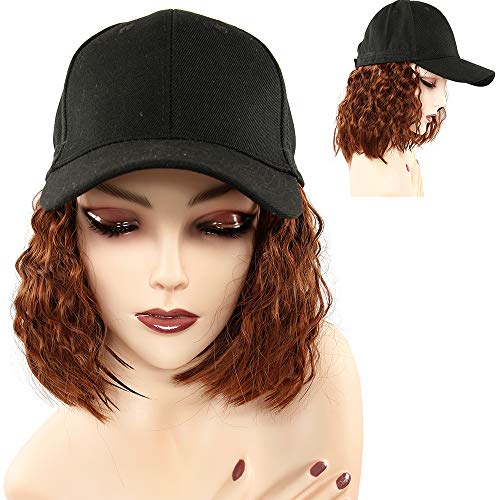 Baseball Cap Wig with Hair Extensions Short Curly Wavy Natural Bob Wig Adjustable