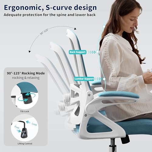 Image of Ergonomic Office Chair, Desk Chair with Adjustable Lumbar Support, Breathable Mesh Comfy Computer Chairs with Flip-up Armrests Executive Task Chair for Adults Home Office (Lake Blue)