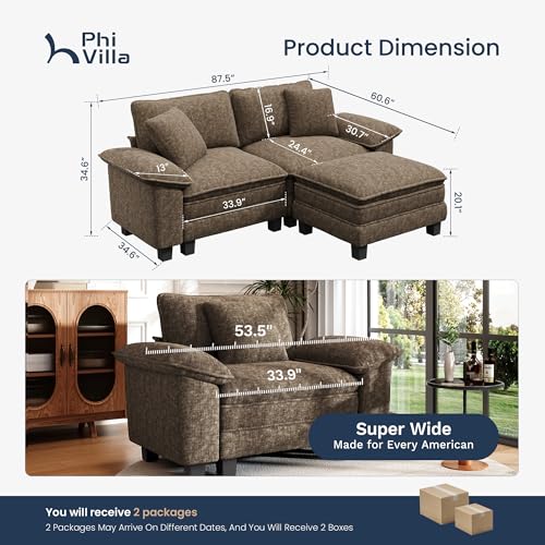 Image of PHI VILLA 87.5 inch Oversized Sectional Loveseat Sofa with 1 Movable Ottoman | Chenille Grayish Brown, Wider Armrest, Comfy Deep Seat, Wood Frame, Modern Cloud Modular Couch for Living Room and Apartment