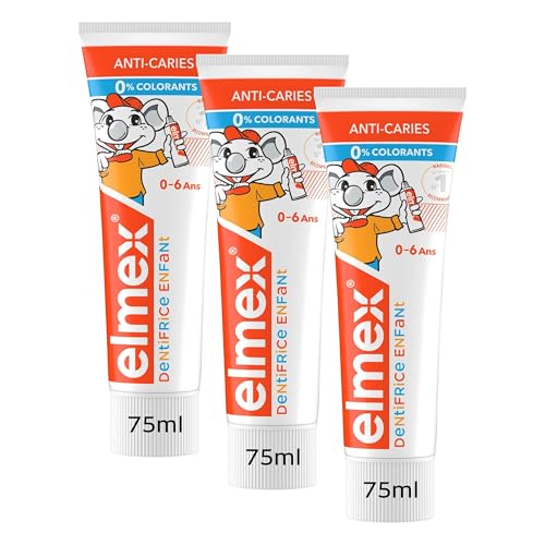 Elmex Dentifrice Bébé et jeune enfant, protège les dents de lait, anti-caries, 0 colorants - Dès le premier brossage - 0-6 Ans, 75ml (Lot de 3)