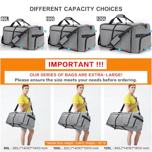 Image of 100L EXTRA LARGE Foldable Waterproof Travel Duffel Bag for Men Women Gray | with Shoe Compartment, 32 inch Duffle Bag for Weekender Gym Sport, Tear Resistant